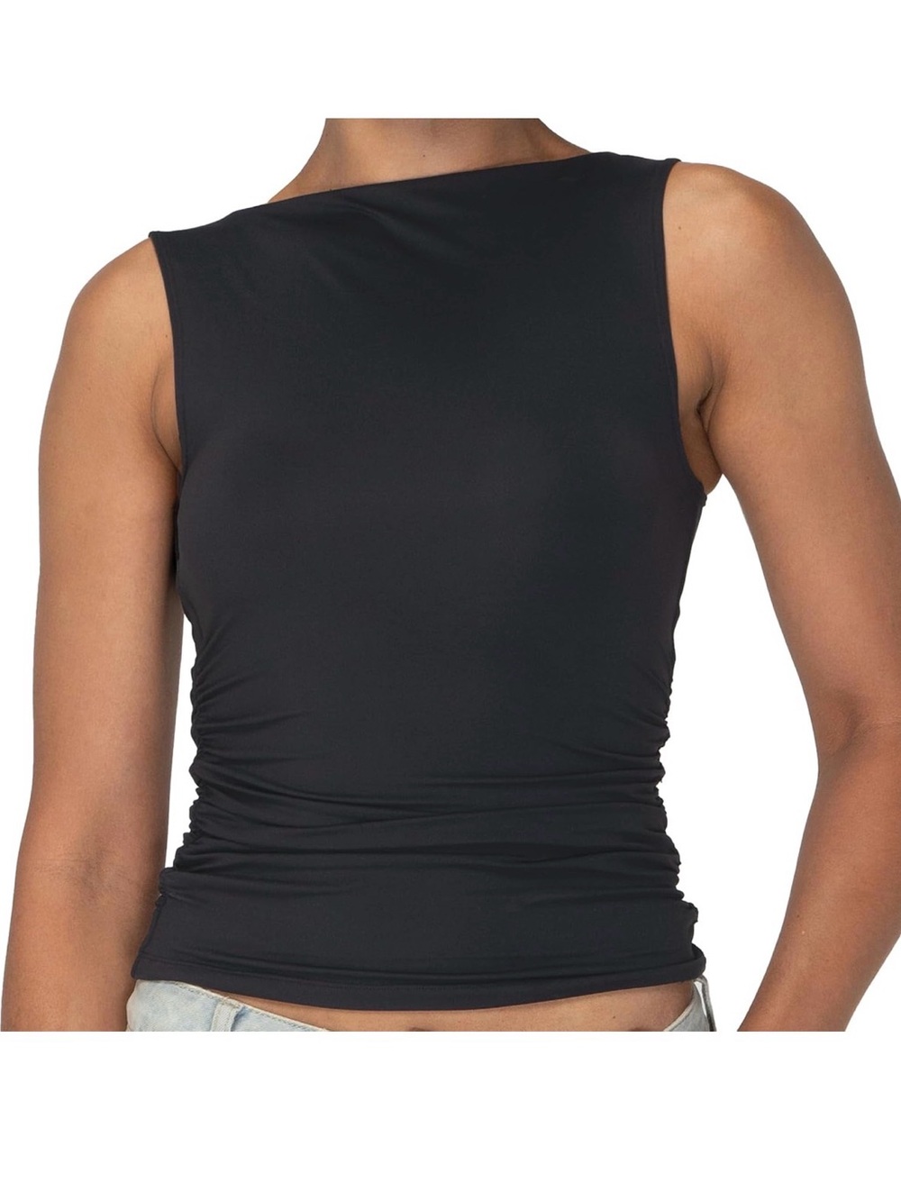 Boat Neck Black Ruched Tank Top